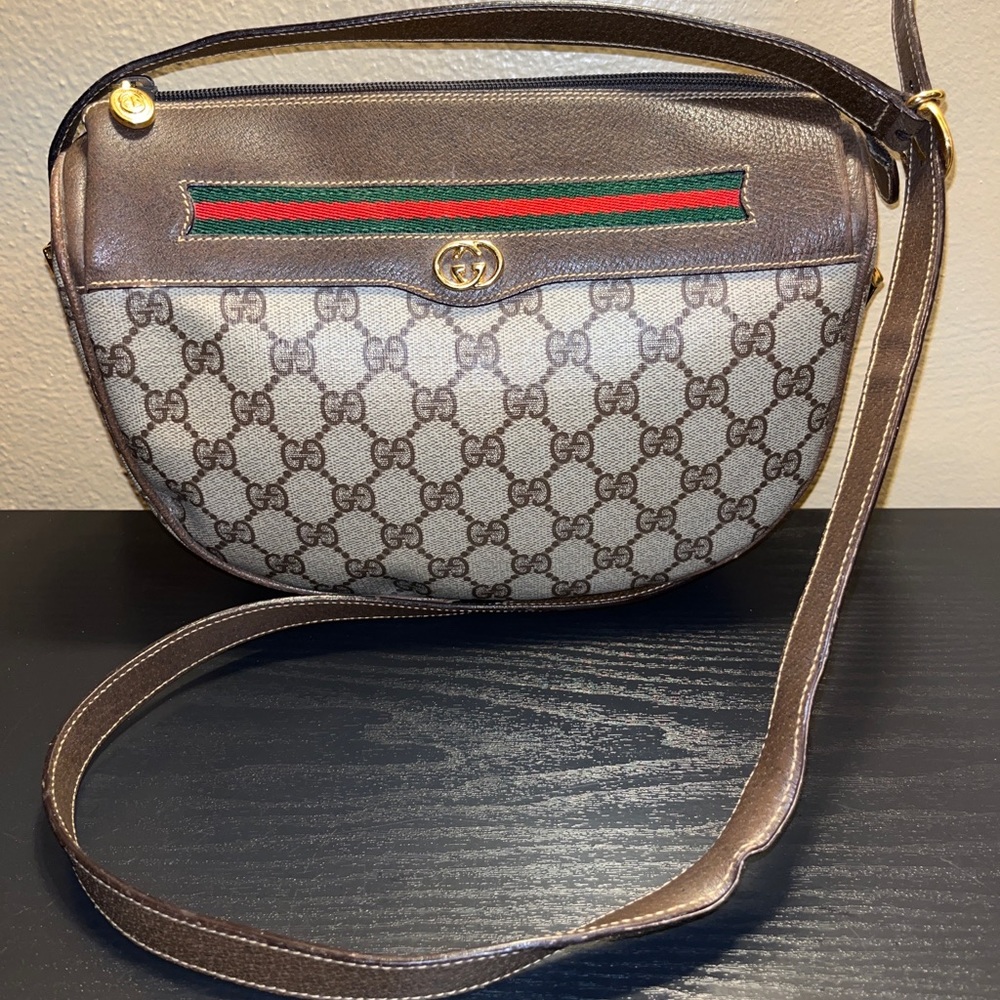 Vintage Gucci brown leather trim monogram canvas crossbody bag